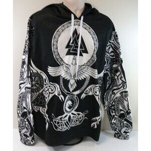 Zootop Bear black Hoodie viking norse mythology valknut raven pattern Size XL